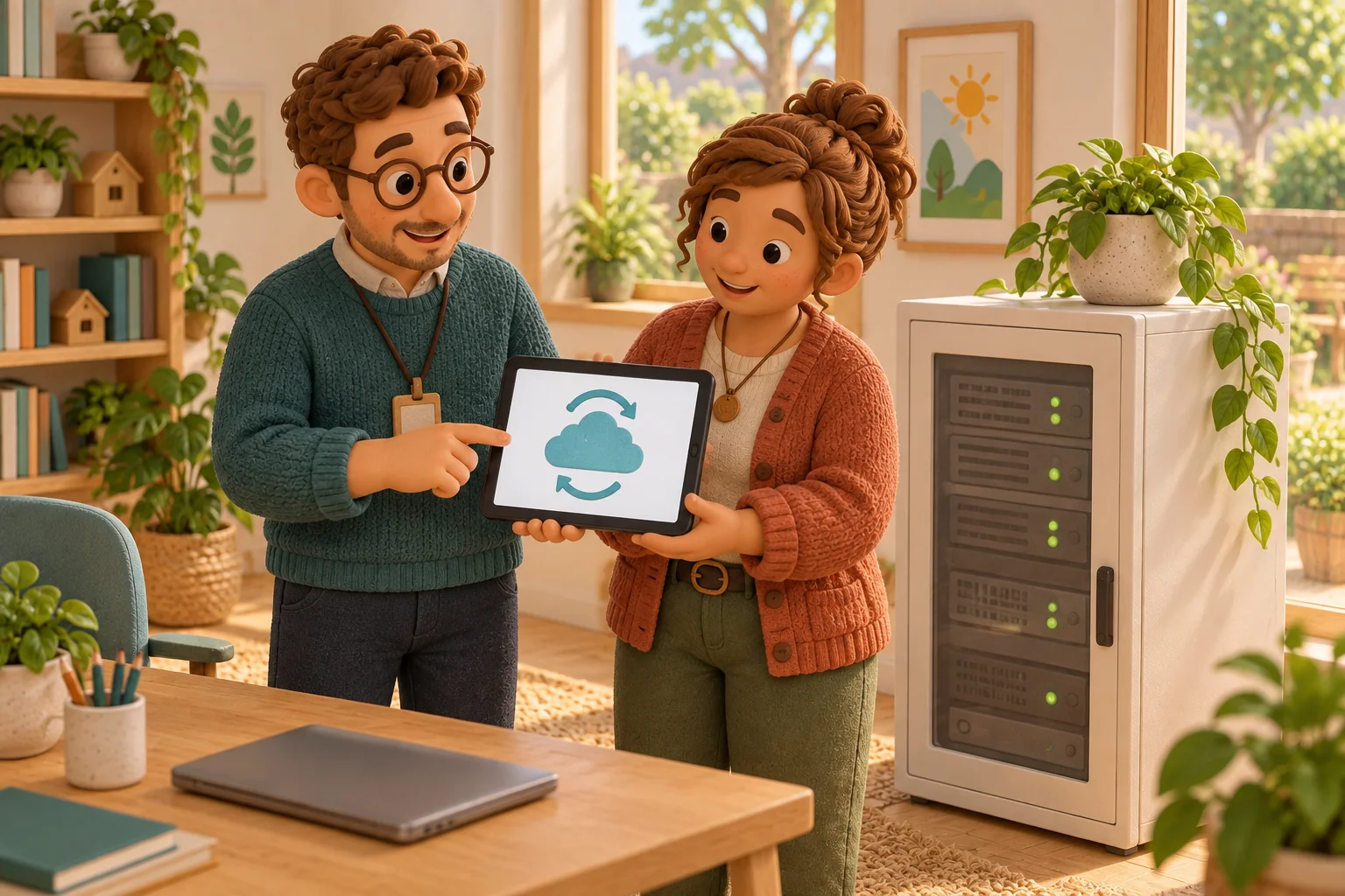 IT-Spezialist erklärt einer Betreuungsperson Cloud und Datensicherung neben einem Serverschrank