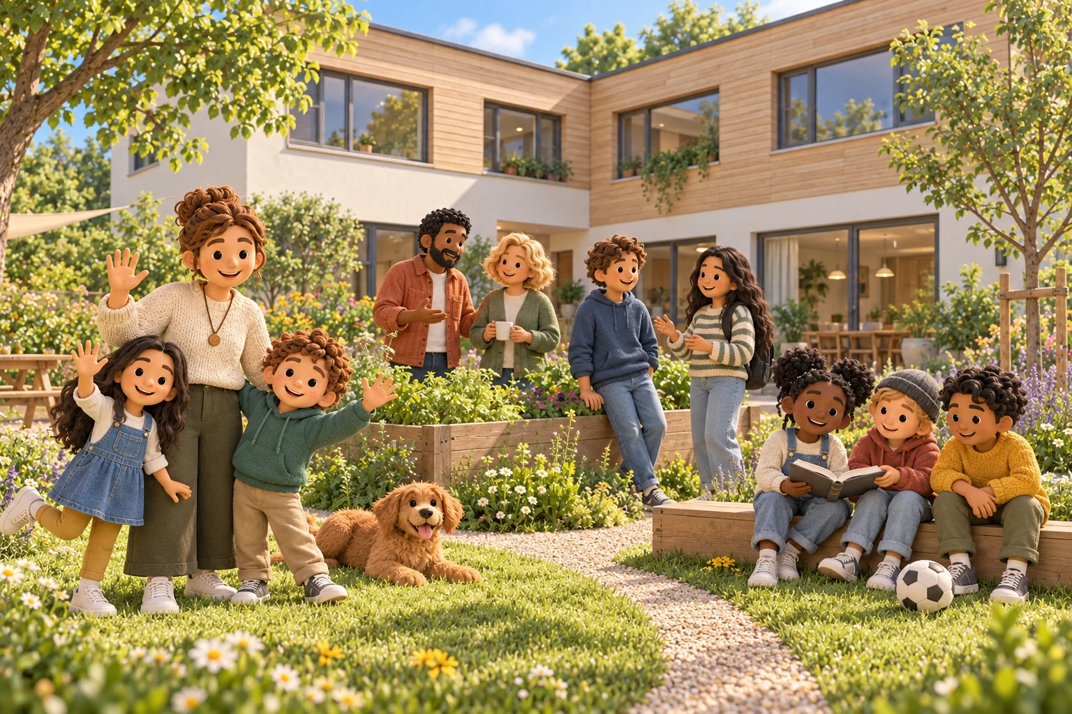 Fröhliche Gemeinschaft aus Kindern, Jugendlichen und Betreuungspersonen im Garten eines modernen Wohnhauses