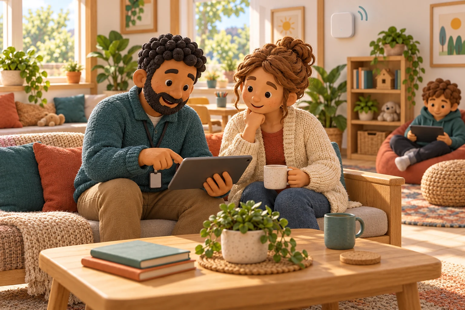 Ein freundlicher IT-Spezialist und eine Betreuungsperson richten gemeinsam das WLAN im Kinderheim ein